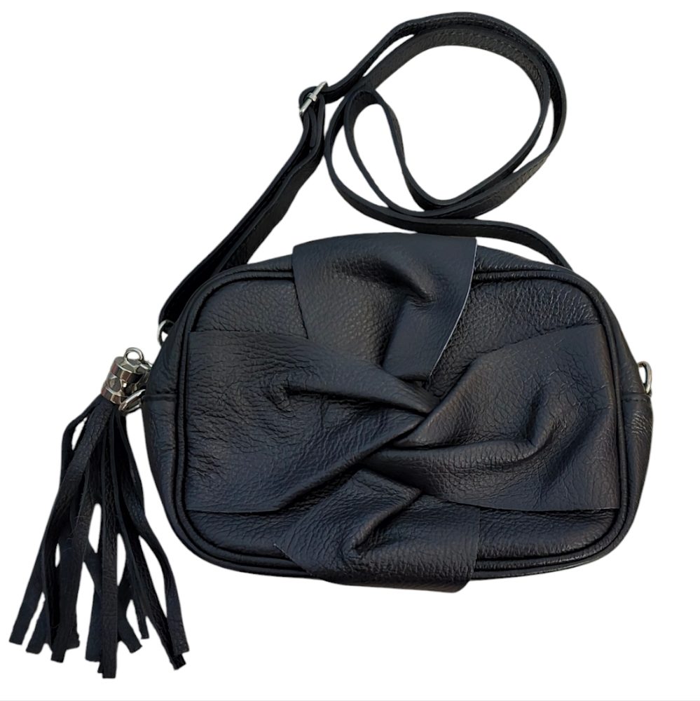 Borse In Pelle Made In Italy Pebbled Leather Black Bow Crossbody Shoulder Bag